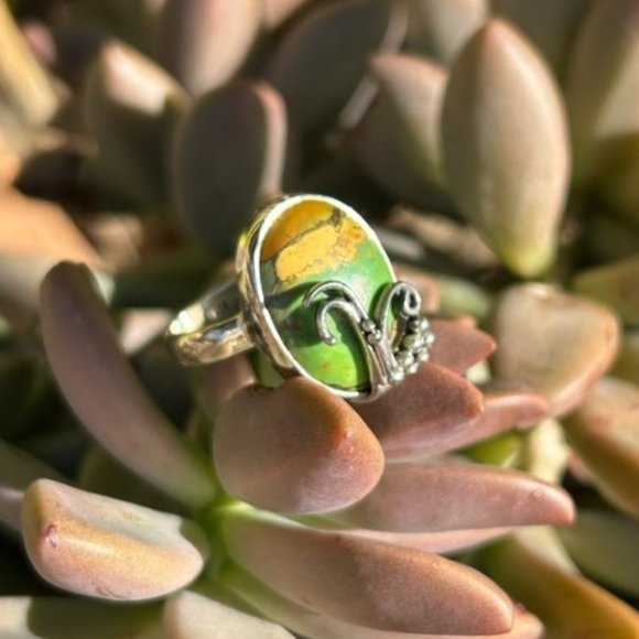 VTG 925 Silver Jasper Green Brown Stone RING